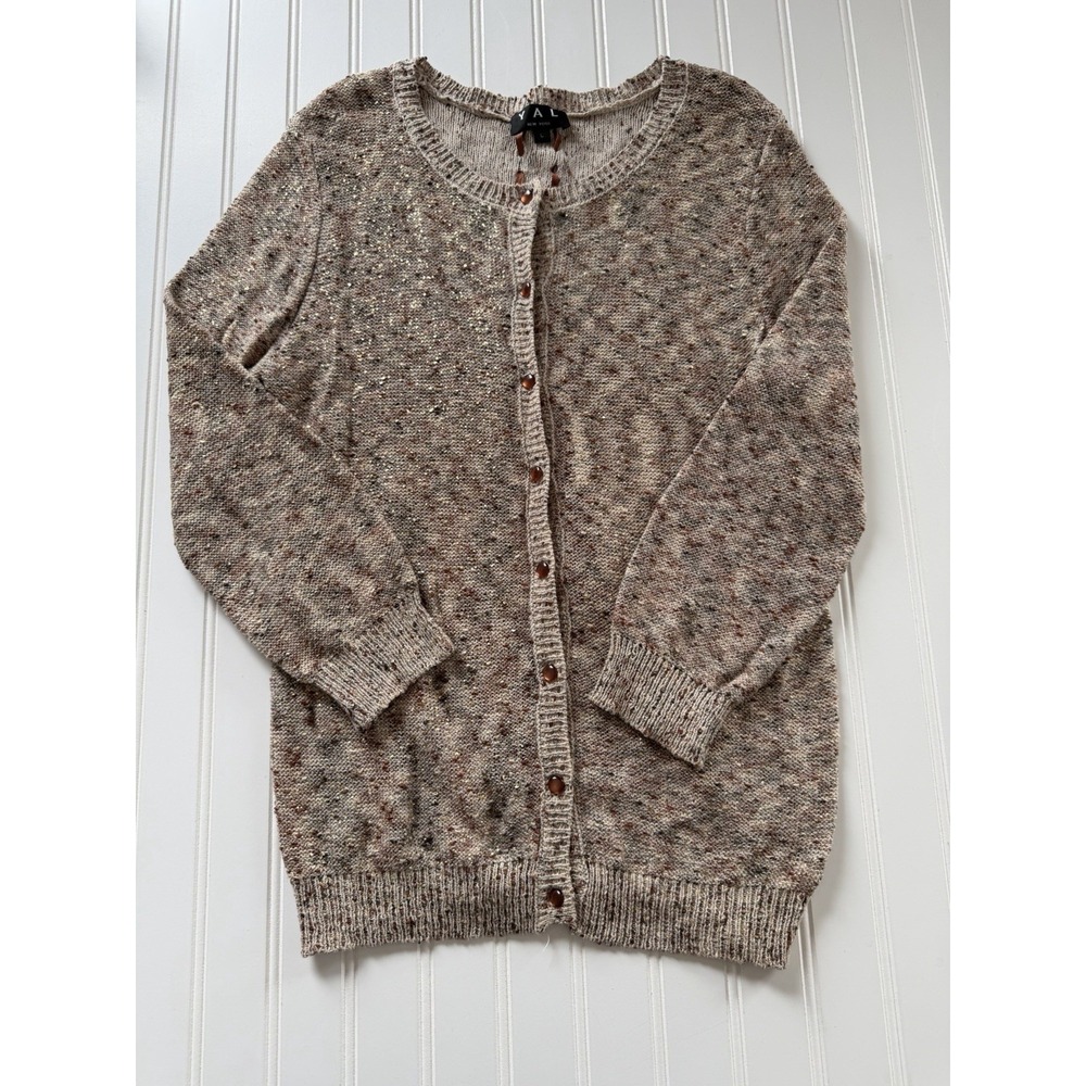 YAL New York Women's Pullover Sweater Size L Beige Gold Metallic Button Detail‎